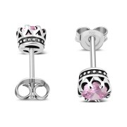 Vintage Royal Crown Celtic Rose Pink CZ Sterling Silver Stud Earrings - e455